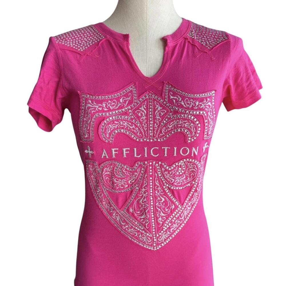 Y2K Rhinestone Affliction Logo Shirt size Medium runs small